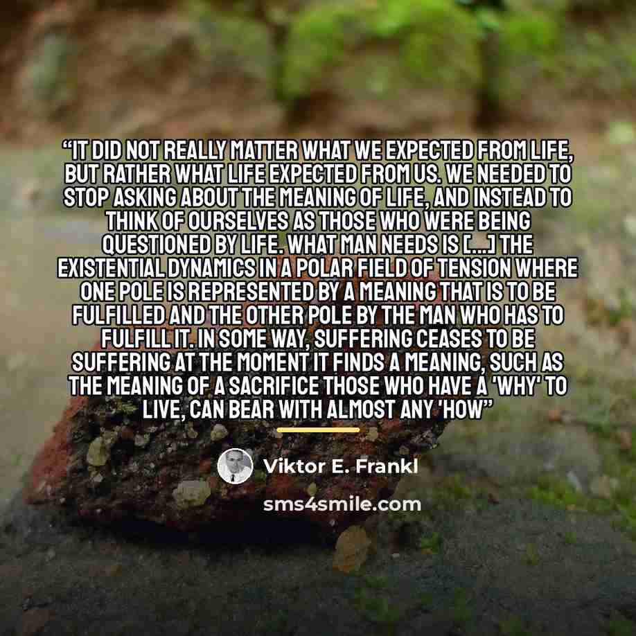“It did not really matter what we expected from life, but rather what life expected from us. We needed to stop asking about the meaning of life, and instead to think of ourselves as those who were being questioned by life. What man needs is [...] the existential dynamics in a polar field of tension…” quote by Viktor E. Frankl