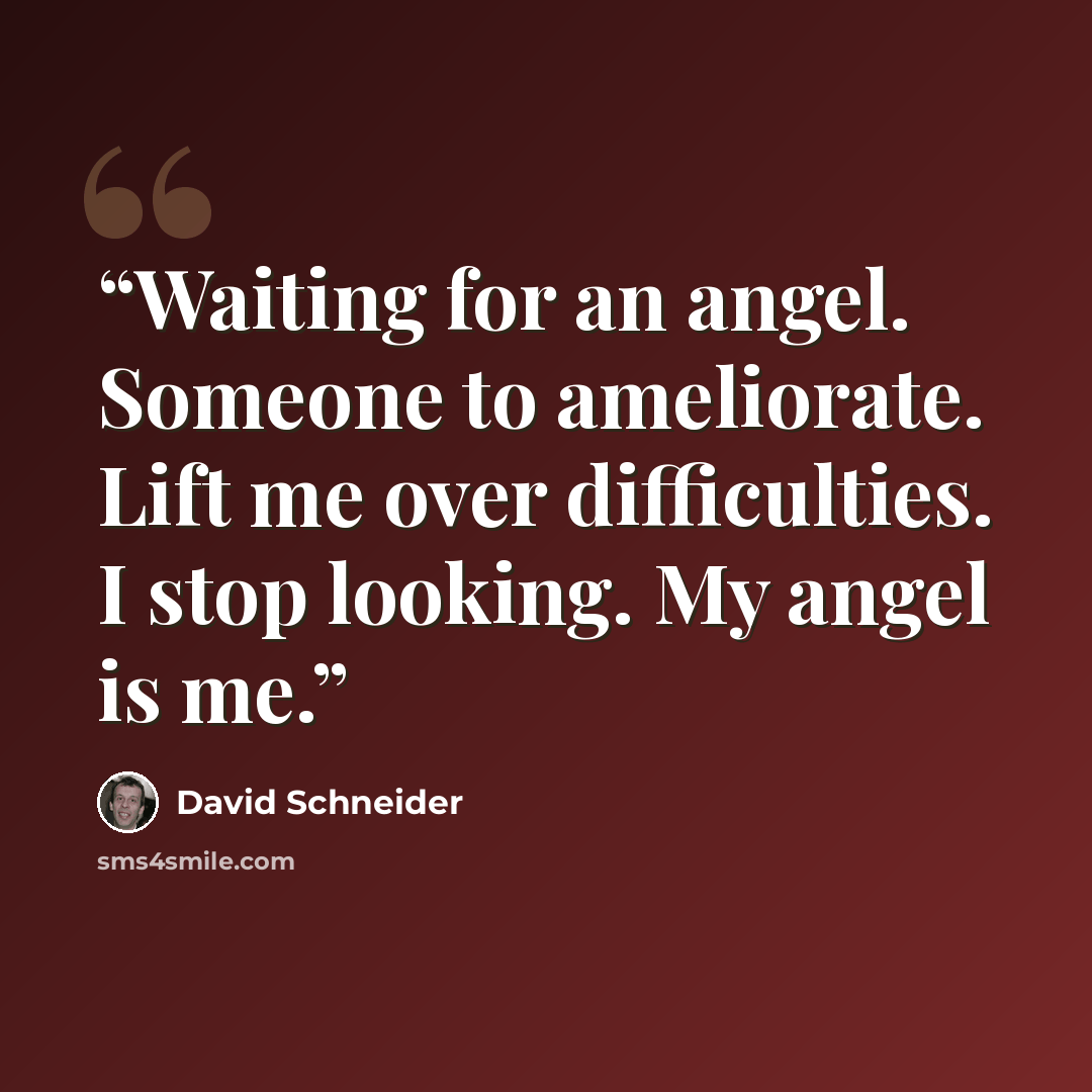 “Waiting for an angel. Someone to ameliorate. Lift me over difficulties. I stop looking. My angel is me.” quote by David Schneider