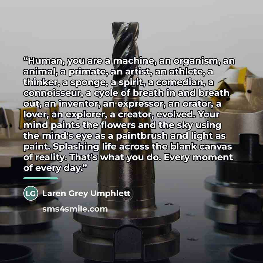 “Human, you are a machine, an organism, an animal, a primate, an artist, an athlete, a thinker, a sponge, a spirit, a comedian, a connoisseur, a cycle of breath in and breath out, an inventor, an expressor, an orator, a lover, an explorer, a creator, evolved. Your mind paints the flowers and the…” quote by Laren Grey Umphlett