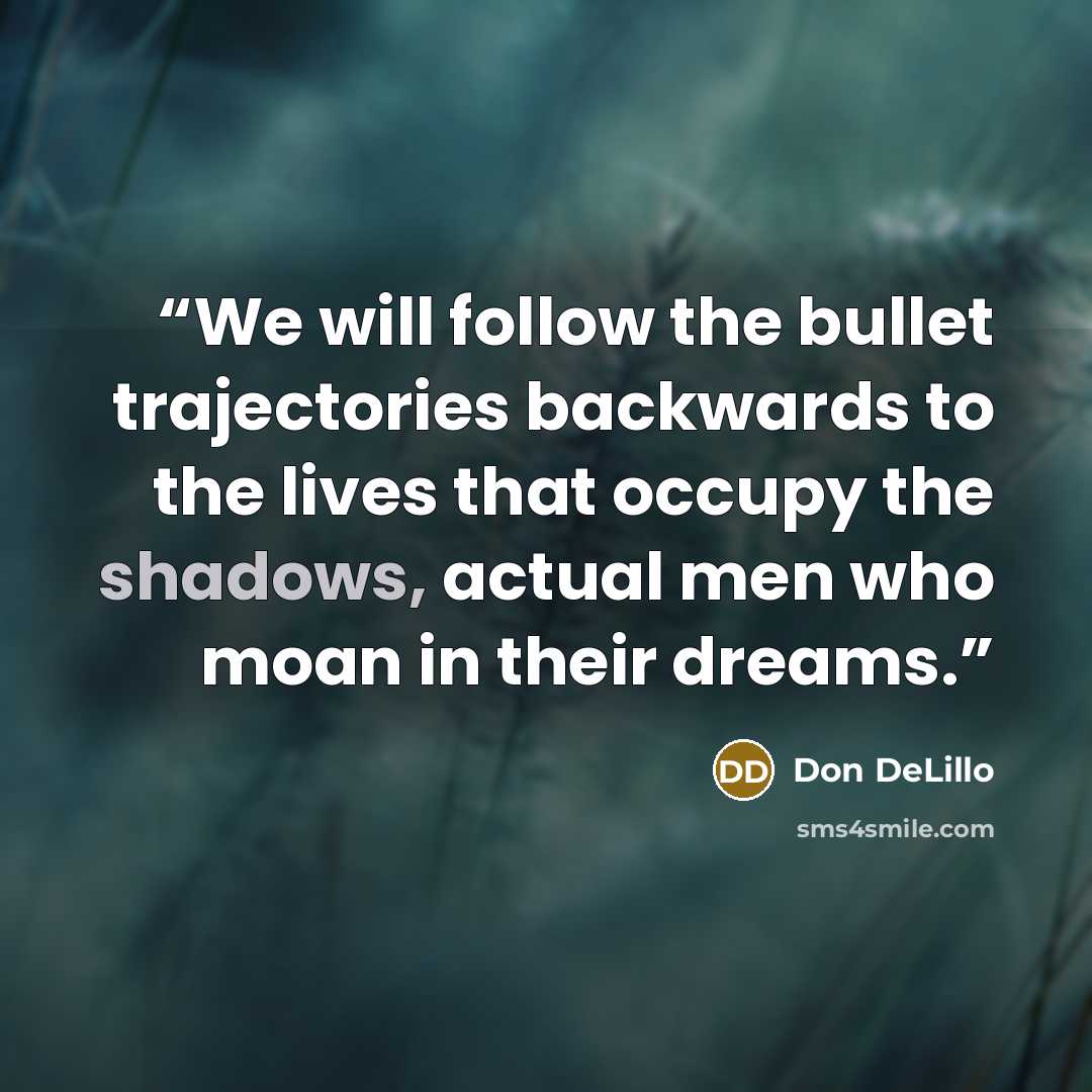 “We will follow the bullet trajectories backwards to the lives that occupy the shadows, actual men who moan in their dreams.” quote by Don DeLillo