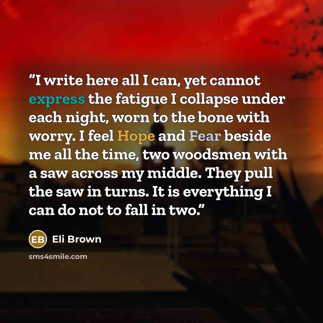 “I write here all I can, yet cannot express the fatigue I collapse under each night, worn to the bone with worry. I feel Hope and Fear beside me all the time, two woodsmen with a saw across my middle. They pull the saw in turns. It is everything I can do not to fall in two.” quote by Eli Brown