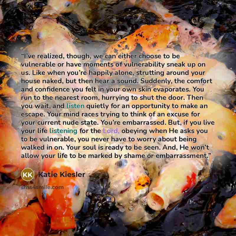 “I’ve realized, though, we can either choose to be vulnerable or have moments of vulnerability sneak up on us. Like when you’re happily alone, strutting around your house naked, but then hear a sound. Suddenly, the comfort and confidence you felt in your own skin evaporates. You run to the nearest…” quote by Katie Kiesler