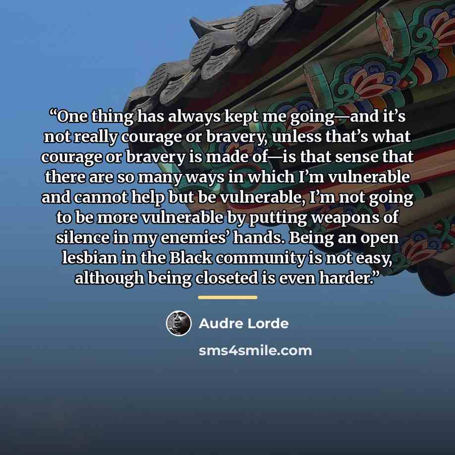 “One thing has always kept me going—and it’s not really courage or bravery, unless that’s what courage or bravery is made of—is that sense that there are so many ways in which I’m vulnerable and cannot help but be vulnerable, I’m not going to be more vulnerable by putting weapons of silence in my…” quote by Audre Lorde
