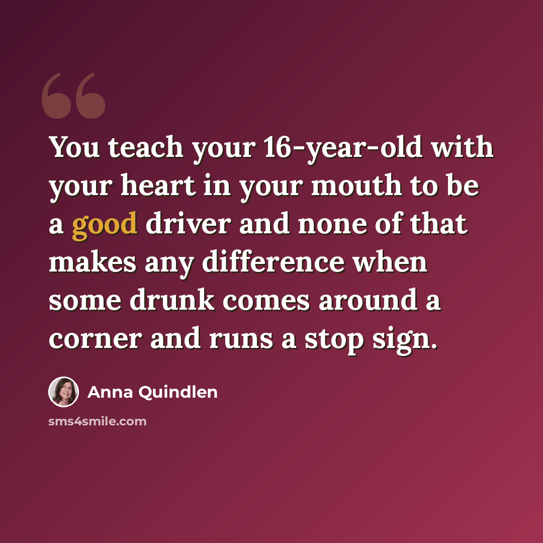 “You teach your 16-year-old with your heart in your mouth to be a good driver and none of that makes any difference when some drunk comes around a corner and runs a stop sign.” quote by Anna Quindlen