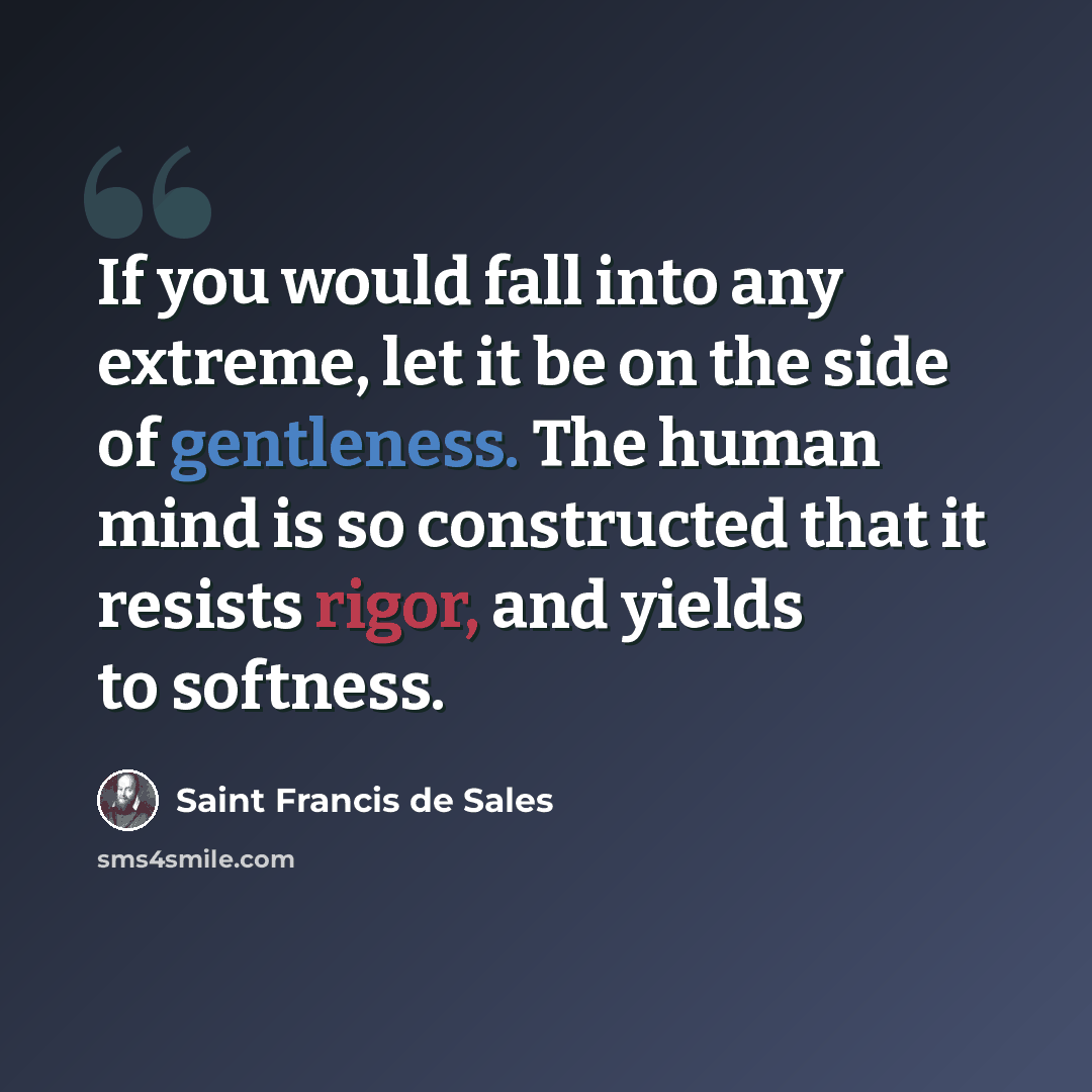 “If you would fall into any extreme, let it be on the side of gentleness. The human mind is so constructed that it resists rigor, and yields to softness.” quote by Saint Francis de Sales