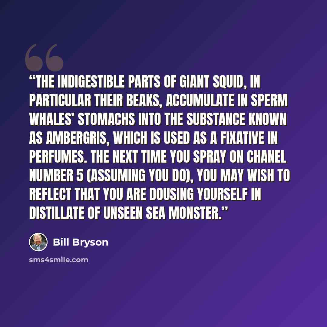 “The indigestible parts of giant squid, in particular their beaks, accumulate in sperm whales’ stomachs into the substance known as ambergris, which is used as a fixative in perfumes. The next time you spray on Chanel Number 5 (assuming you do), you may wish to reflect that you are dousing yourself…” quote by Bill Bryson