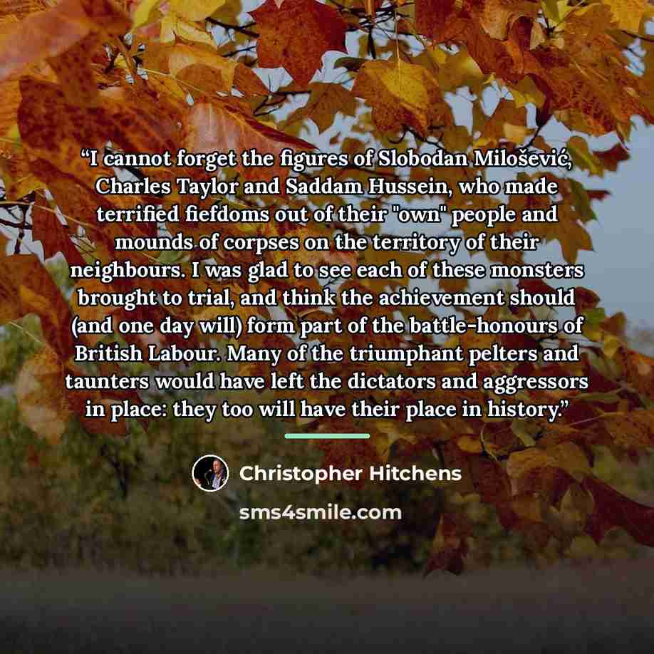 “I cannot forget the figures of Slobodan Milošević, Charles Taylor and Saddam Hussein, who made terrified fiefdoms out of their "own" people and mounds of corpses on the territory of their neighbours. I was glad to see each of these monsters brought to trial, and think the achievement should (and…” quote by Christopher Hitchens