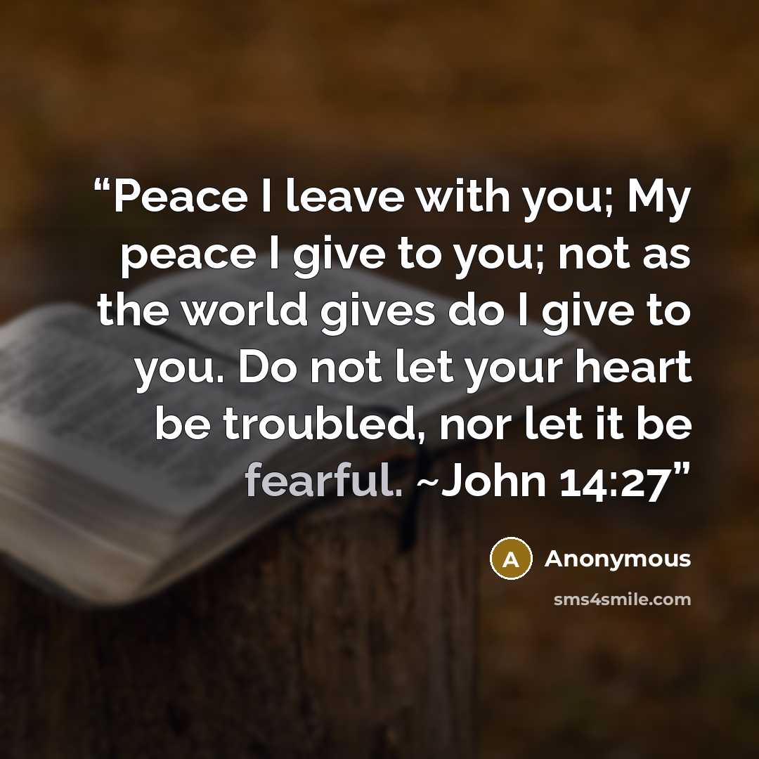 “Peace I leave with you; My peace I give to you; not as the world gives do I give to you. Do not let your heart be troubled, nor let it be fearful. ~John 14:27” quote by Anonymous