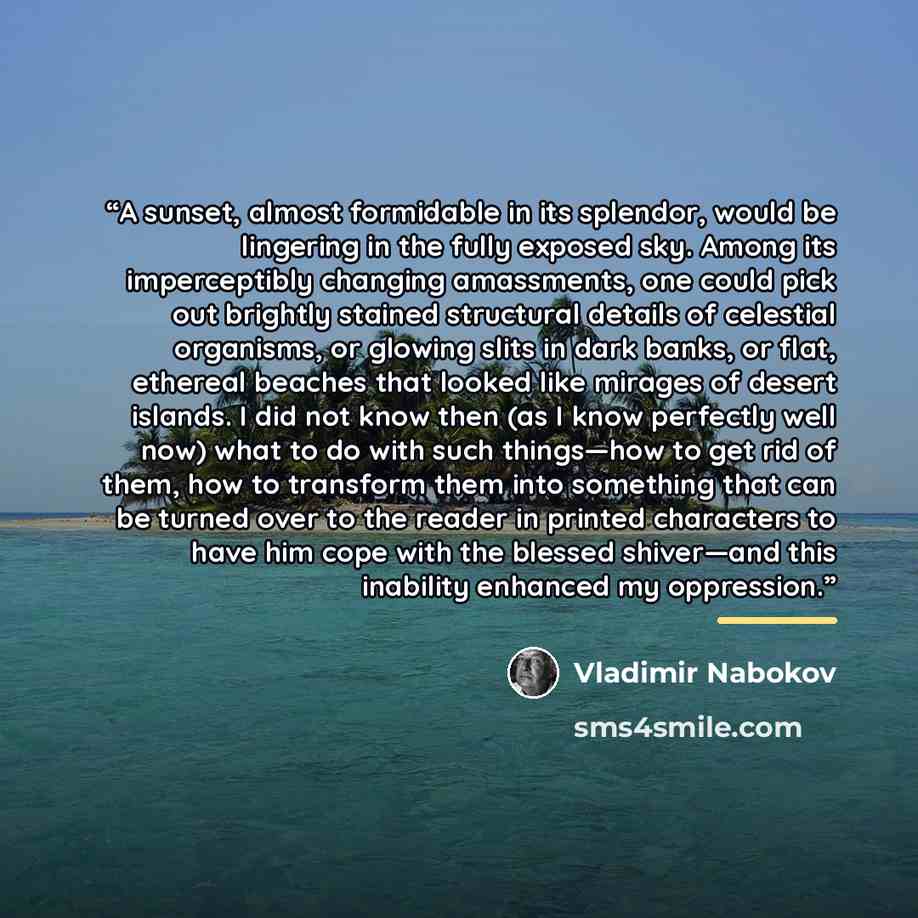 “A sunset, almost formidable in its splendor, would be lingering in the fully exposed sky. Among its imperceptibly changing amassments, one could pick out brightly stained structural details of celestial organisms, or glowing slits in dark banks, or flat, ethereal beaches that looked like mirages…” quote by Vladimir Nabokov