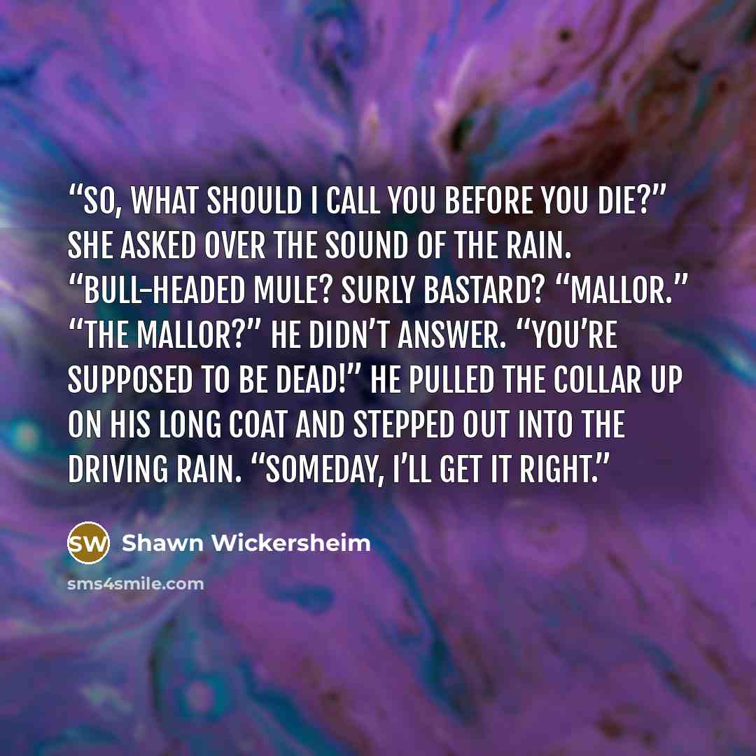 “So, what should I call you before you die?” she asked over the sound of the rain. “Bull-headed Mule? Surly Bastard? “Mallor.” “The Mallor?” He didn’t answer. “You’re supposed to be dead!” He pulled the collar up on his long coat and stepped out into the driving rain. “Someday, I’ll get it right.” quote by Shawn Wickersheim