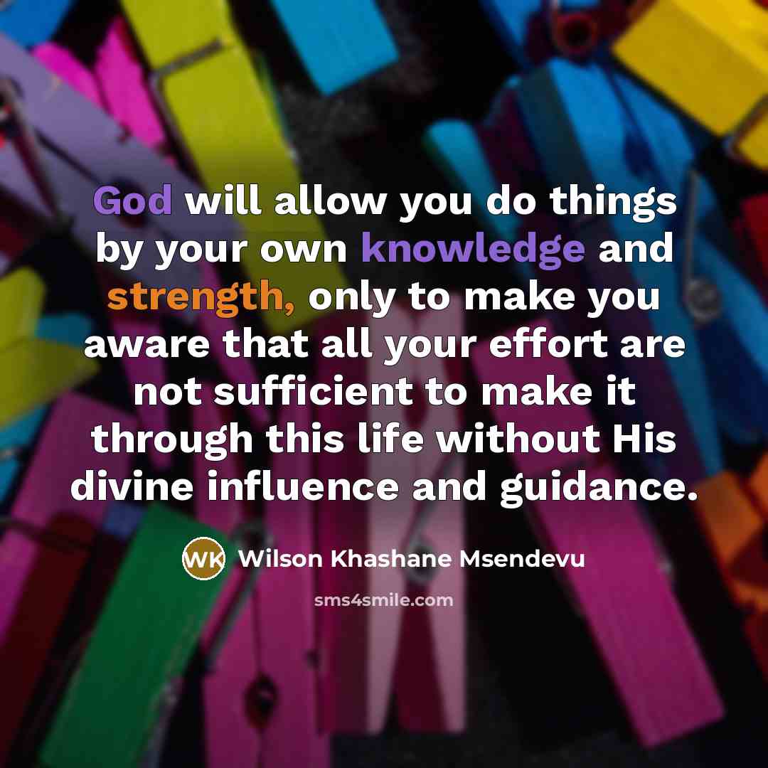 “God will allow you do things by your own knowledge and strength, only to make you aware that all your effort are not sufficient to make it through this life without His divine influence and guidance.” quote by Wilson Khashane Msendevu