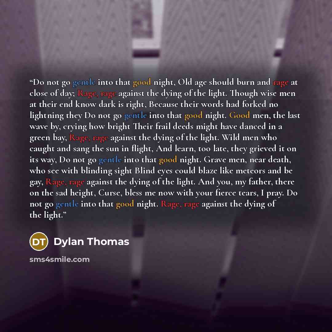 “Do not go gentle into that good night, Old age should burn and rage at close of day; Rage, rage against the dying of the light. Though wise men at their end know dark is right, Because their words had forked no lightning they Do not go gentle into that good night. Good men, the last wave by…” quote by Dylan Thomas