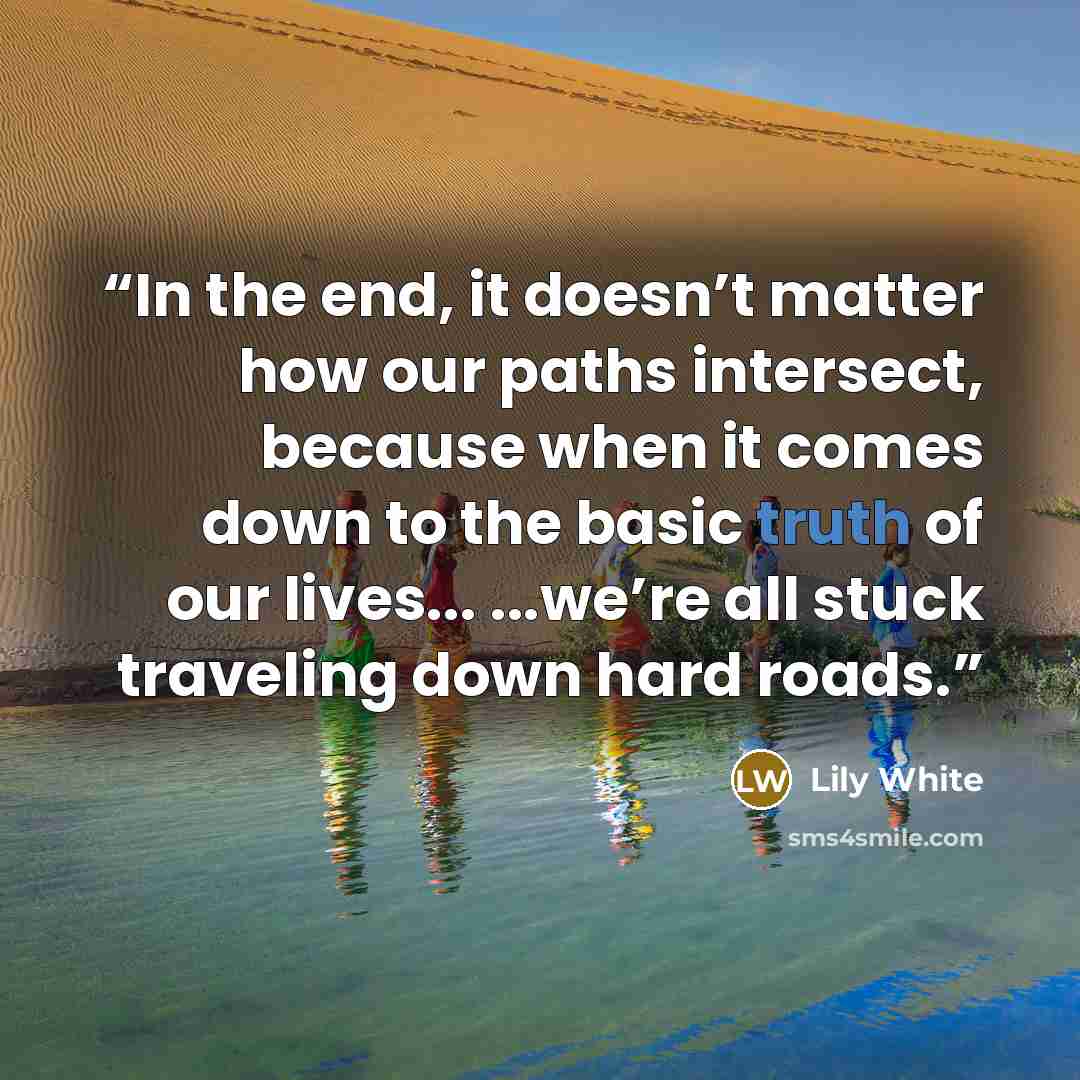 “In the end, it doesn’t matter how our paths intersect, because when it comes down to the basic truth of our lives... ...we’re all stuck traveling down hard roads.” quote by Lily White