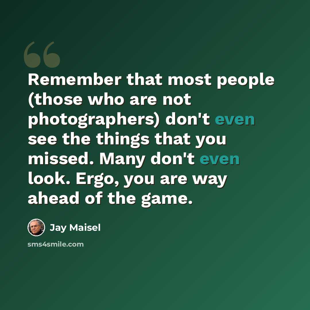 “Remember that most people (those who are not photographers) don't even see the things that you missed. Many don't even look. Ergo, you are way ahead of the game.” quote by Jay Maisel