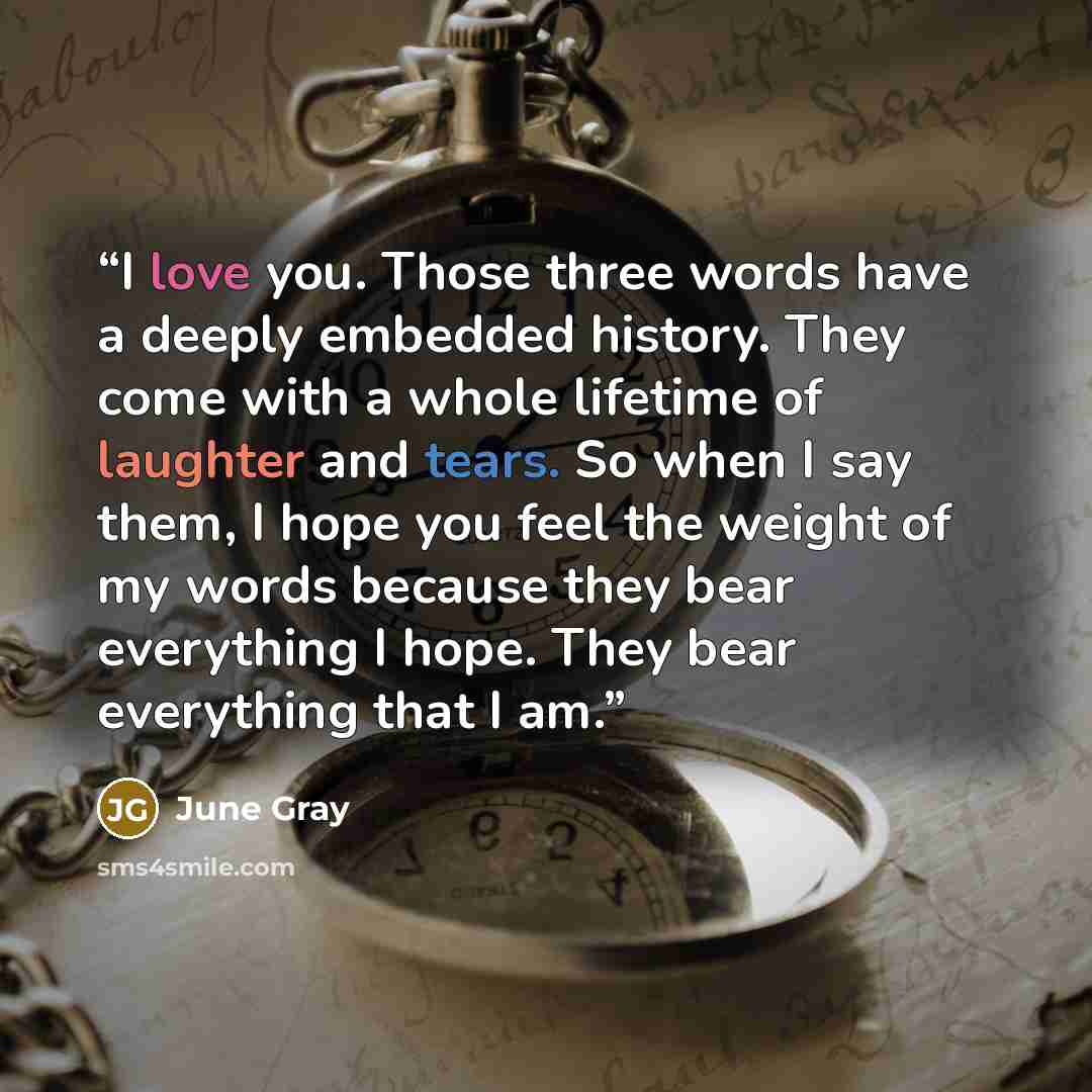 “I love you. Those three words have a deeply embedded history. They come with a whole lifetime of laughter and tears. So when I say them, I hope you feel the weight of my words because they bear everything I hope. They bear everything that I am.” quote by June Gray