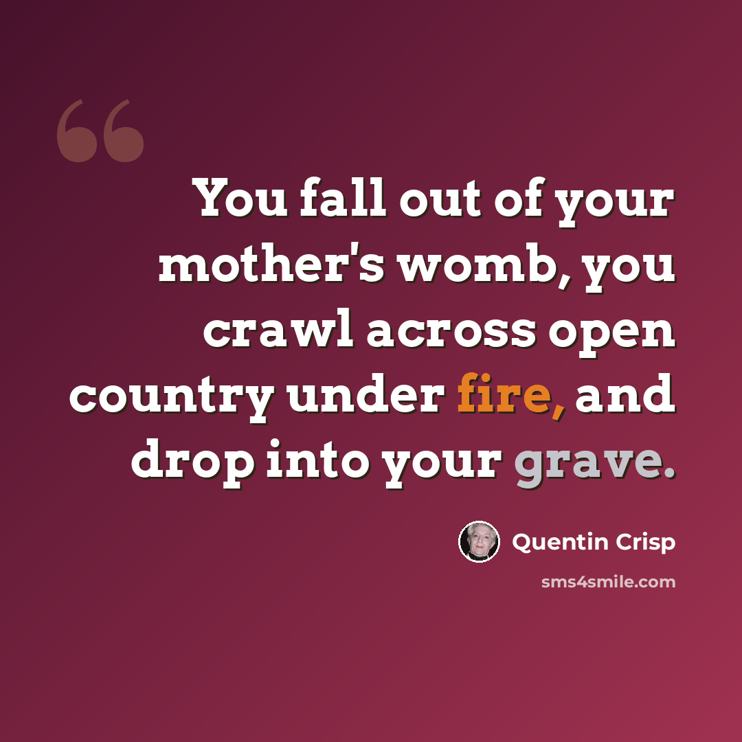“You fall out of your mother's womb, you crawl across open country under fire, and drop into your grave.” quote by Quentin Crisp