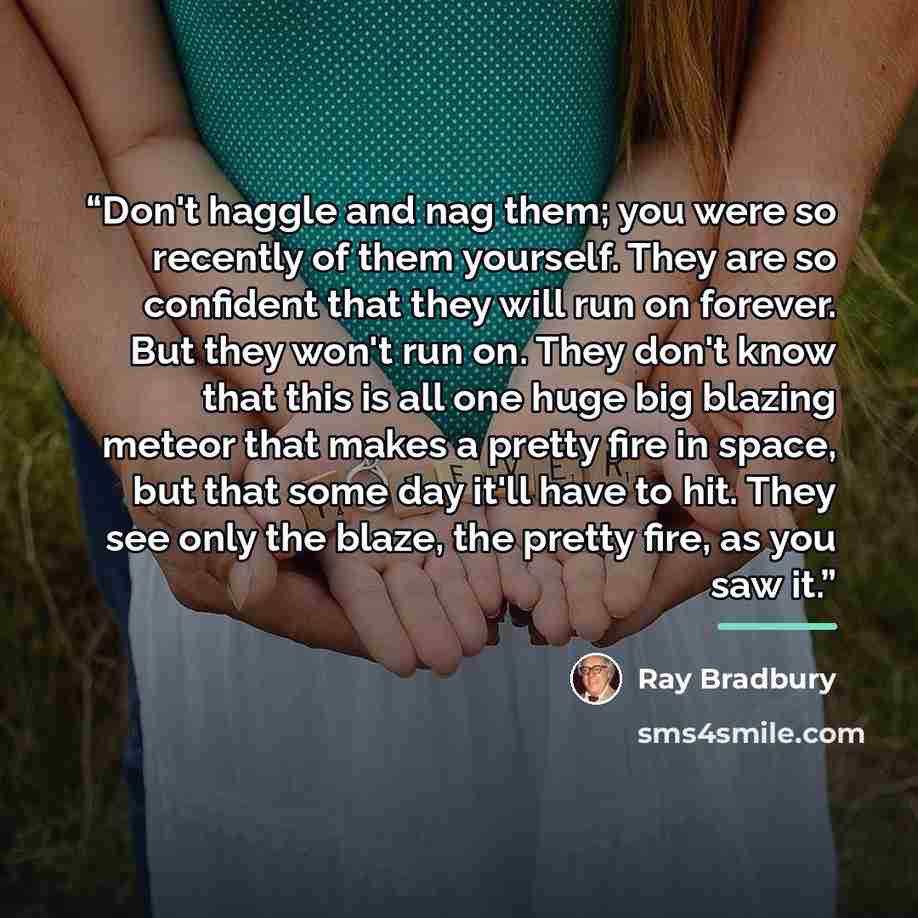 “Don't haggle and nag them; you were so recently of them yourself. They are so confident that they will run on forever. But they won't run on. They don't know that this is all one huge big blazing meteor that makes a pretty fire in space, but that some day it'll have to hit. They see only the…” quote by Ray Bradbury