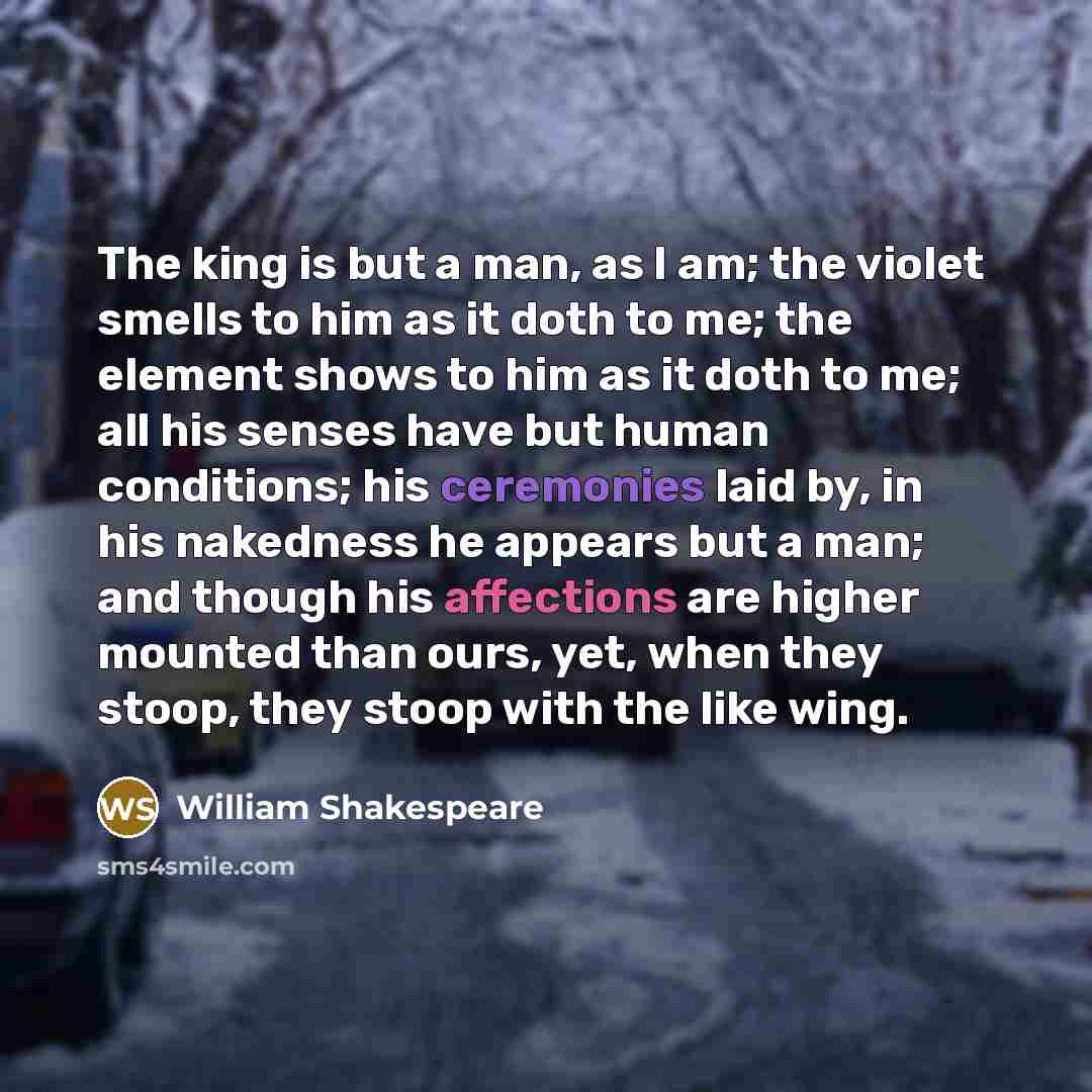 “The king is but a man, as I am; the violet smells to him as it doth to me; the element shows to him as it doth to me; all his senses have but human conditions; his ceremonies laid by, in his nakedness he appears but a man; and though his affections are higher mounted than ours, yet, when they…” quote by William Shakespeare