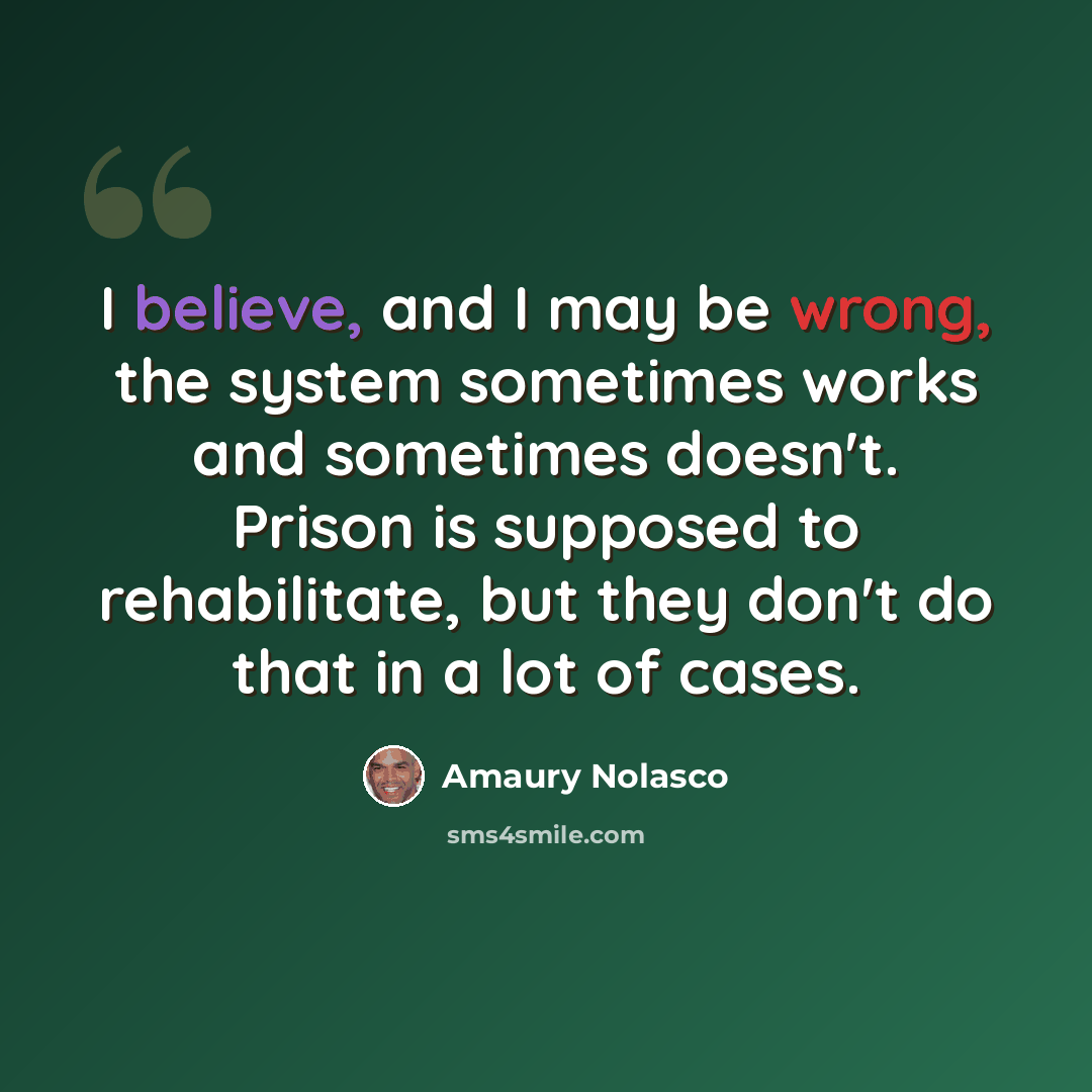 “I believe, and I may be wrong, the system sometimes works and sometimes doesn't. Prison is supposed to rehabilitate, but they don't do that in a lot of cases.” quote by Amaury Nolasco
