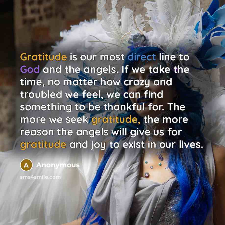 “Gratitude is our most direct line to God and the angels. If we take the time, no matter how crazy and troubled we feel, we can find something to be thankful for. The more we seek gratitude, the more reason the angels will give us for gratitude and joy to exist in our lives.” quote by Anonymous
