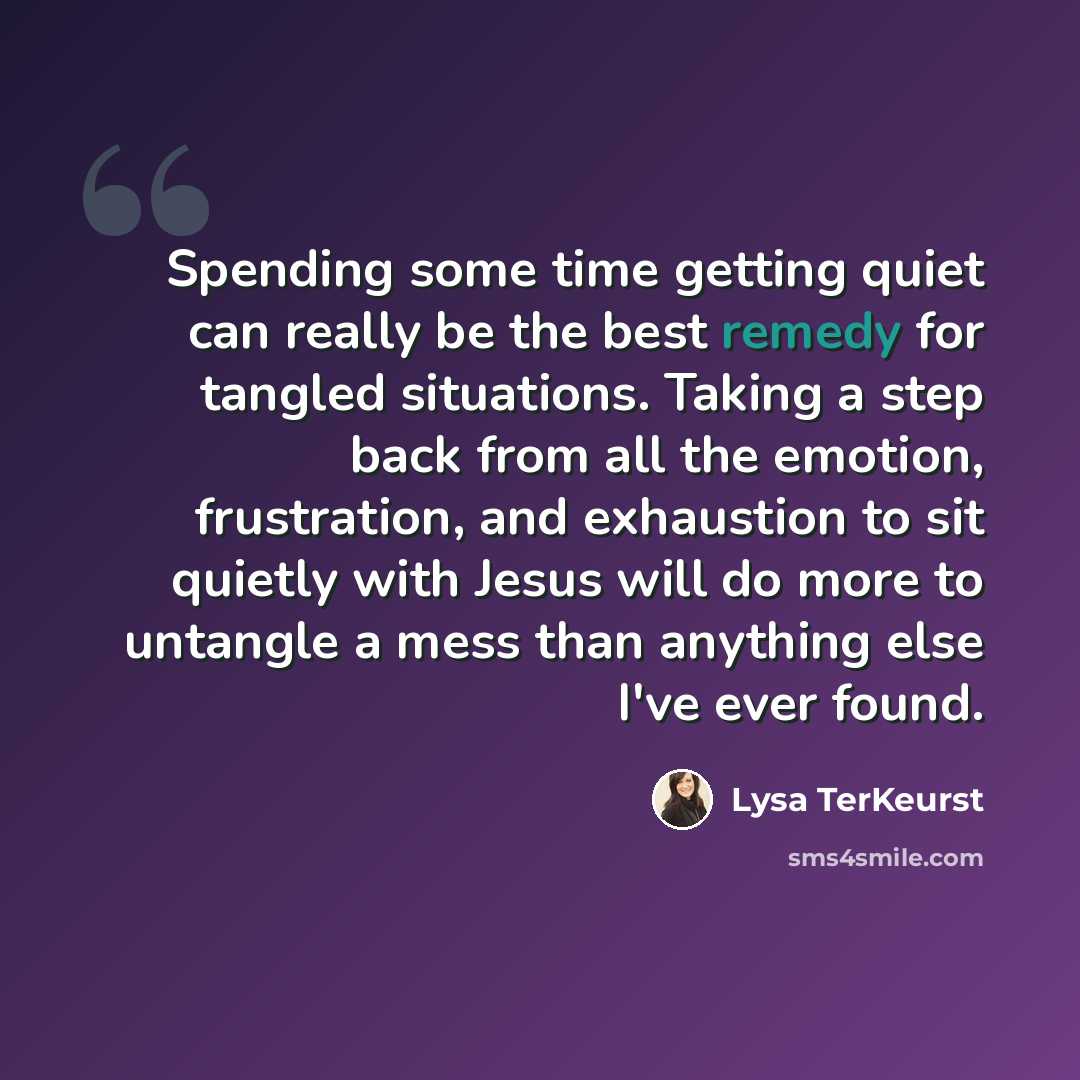 “Spending some time getting quiet can really be the best remedy for tangled situations. Taking a step back from all the emotion, frustration, and exhaustion to sit quietly with Jesus will do more to untangle a mess than anything else I've ever found.” quote by Lysa TerKeurst
