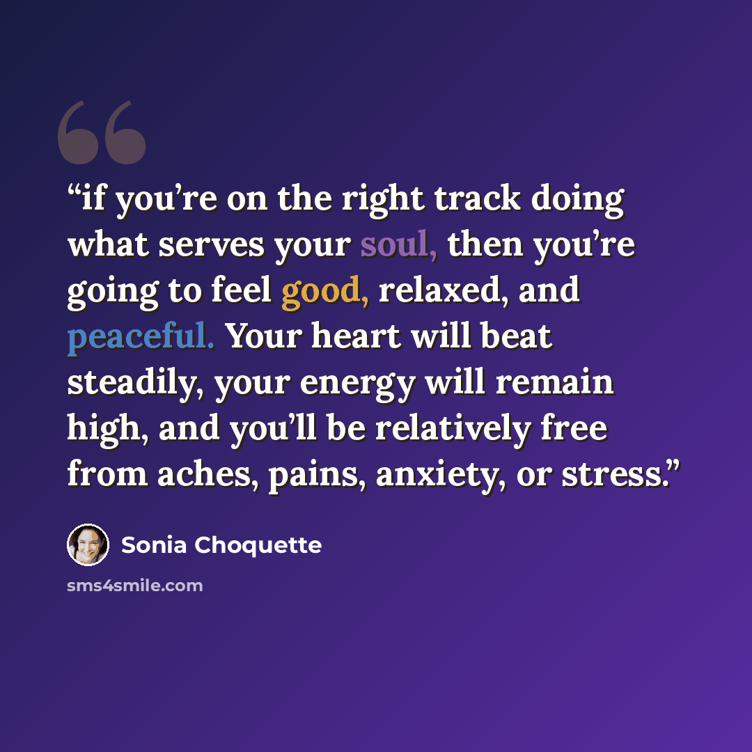 “if you’re on the right track doing what serves your soul, then you’re going to feel good, relaxed, and peaceful. Your heart will beat steadily, your energy will remain high, and you’ll be relatively free from aches, pains, anxiety, or stress.” quote by Sonia Choquette