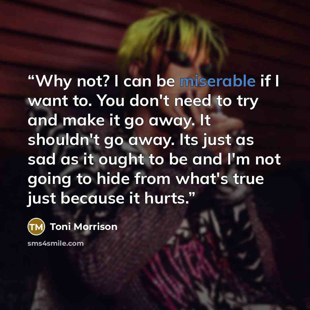 “Why not? I can be miserable if I want to. You don't need to try and make it go away. It shouldn't go away. Its just as sad as it ought to be and I'm not going to hide from what's true just because it hurts.” quote by Toni Morrison