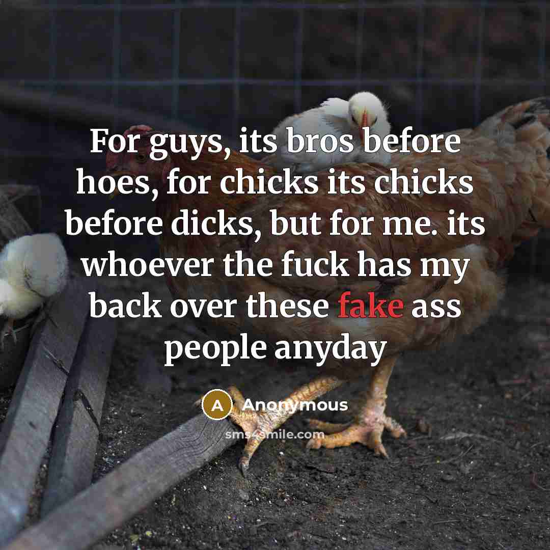 “For guys, its bros before hoes, for chicks its chicks before dicks, but for me. its whoever the fuck has my back over these fake ass people anyday” quote by Anonymous