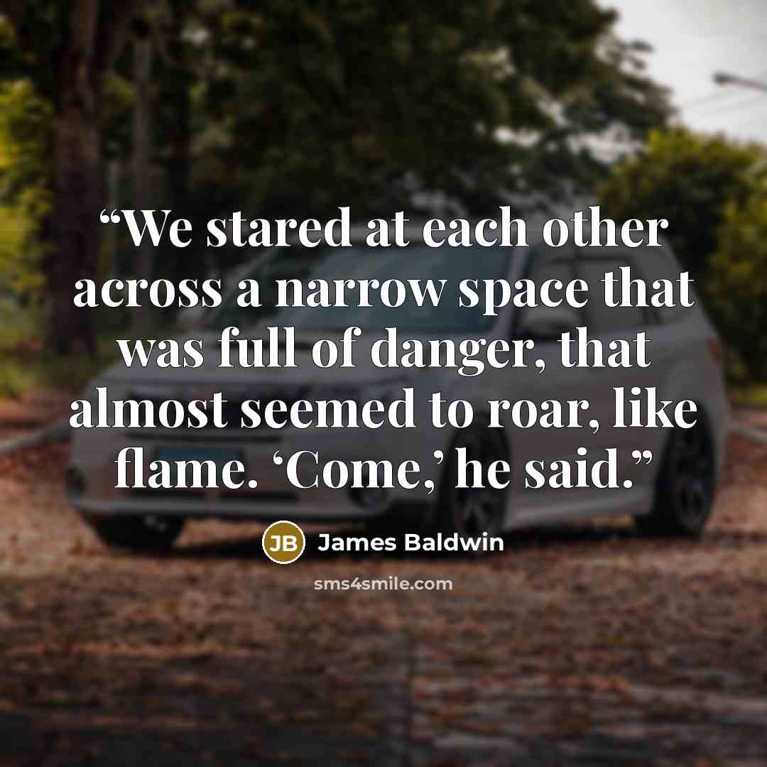 “We stared at each other across a narrow space that was full of danger, that almost seemed to roar, like flame. ‘Come,’ he said.” quote by James Baldwin