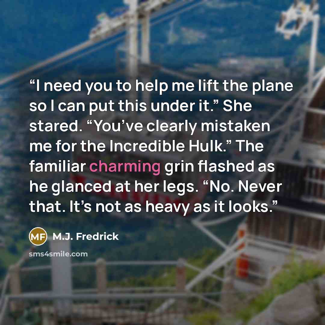“I need you to help me lift the plane so I can put this under it.” She stared. “You’ve clearly mistaken me for the Incredible Hulk.” The familiar charming grin flashed as he glanced at her legs. “No. Never that. It’s not as heavy as it looks.” quote by M.J. Fredrick