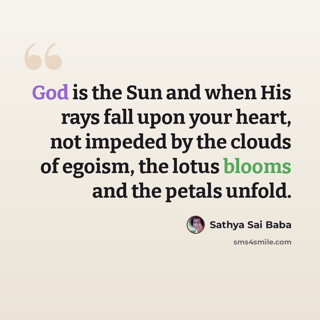 “God is the Sun and when His rays fall upon your heart, not impeded by the clouds of egoism, the lotus blooms and the petals unfold.” quote by Sathya Sai Baba