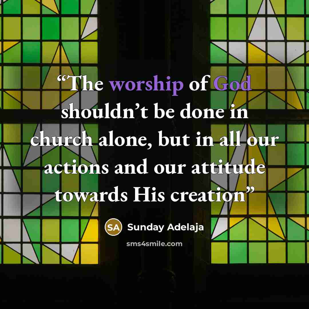 “The worship of God shouldn’t be done in church alone, but in all our actions and our attitude towards His creation” quote by Sunday Adelaja
