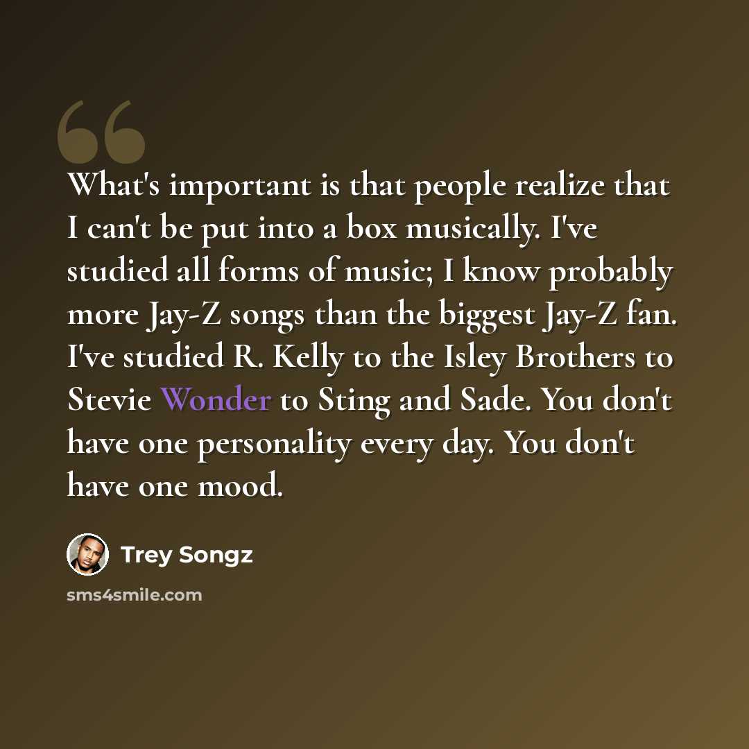 “What's important is that people realize that I can't be put into a box musically. I've studied all forms of music; I know probably more Jay-Z songs than the biggest Jay-Z fan. I've studied R. Kelly to the Isley Brothers to Stevie Wonder to Sting and Sade. You don't have one personality every day…” quote by Trey Songz