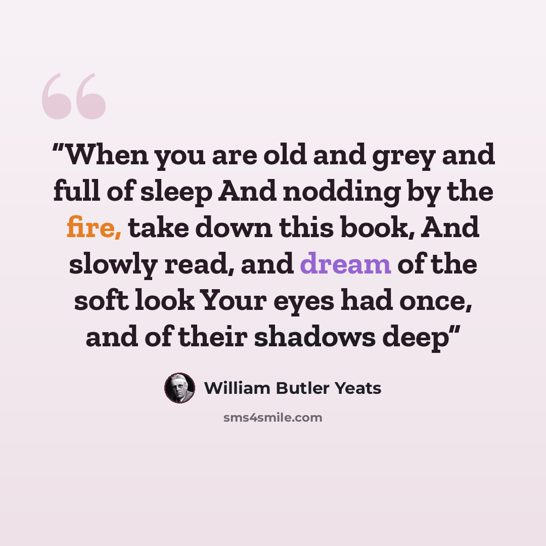 “When you are old and grey and full of sleep And nodding by the fire, take down this book, And slowly read, and dream of the soft look Your eyes had once, and of their shadows deep” quote by William Butler Yeats