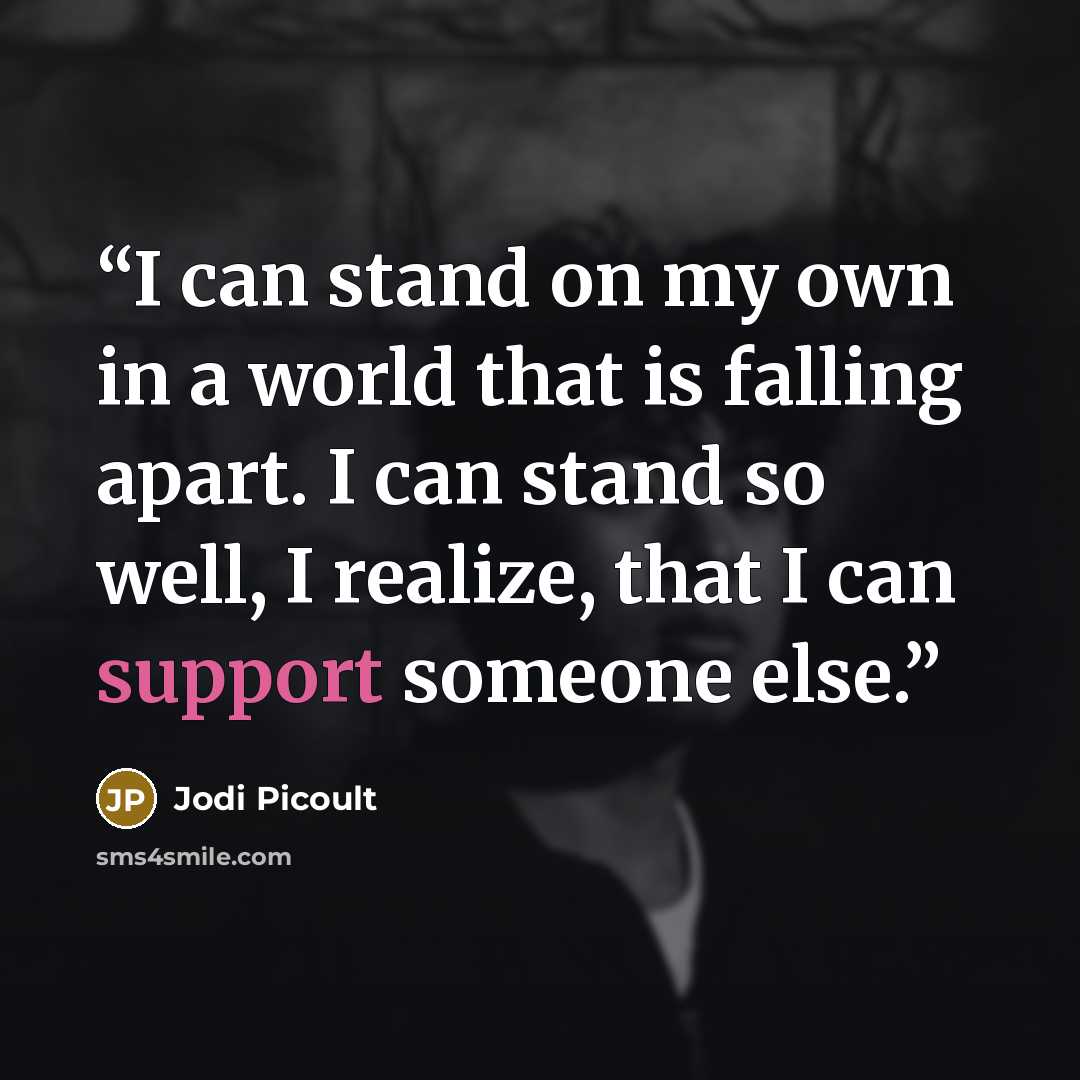 “I can stand on my own in a world that is falling apart. I can stand so well, I realize, that I can support someone else.” quote by Jodi Picoult