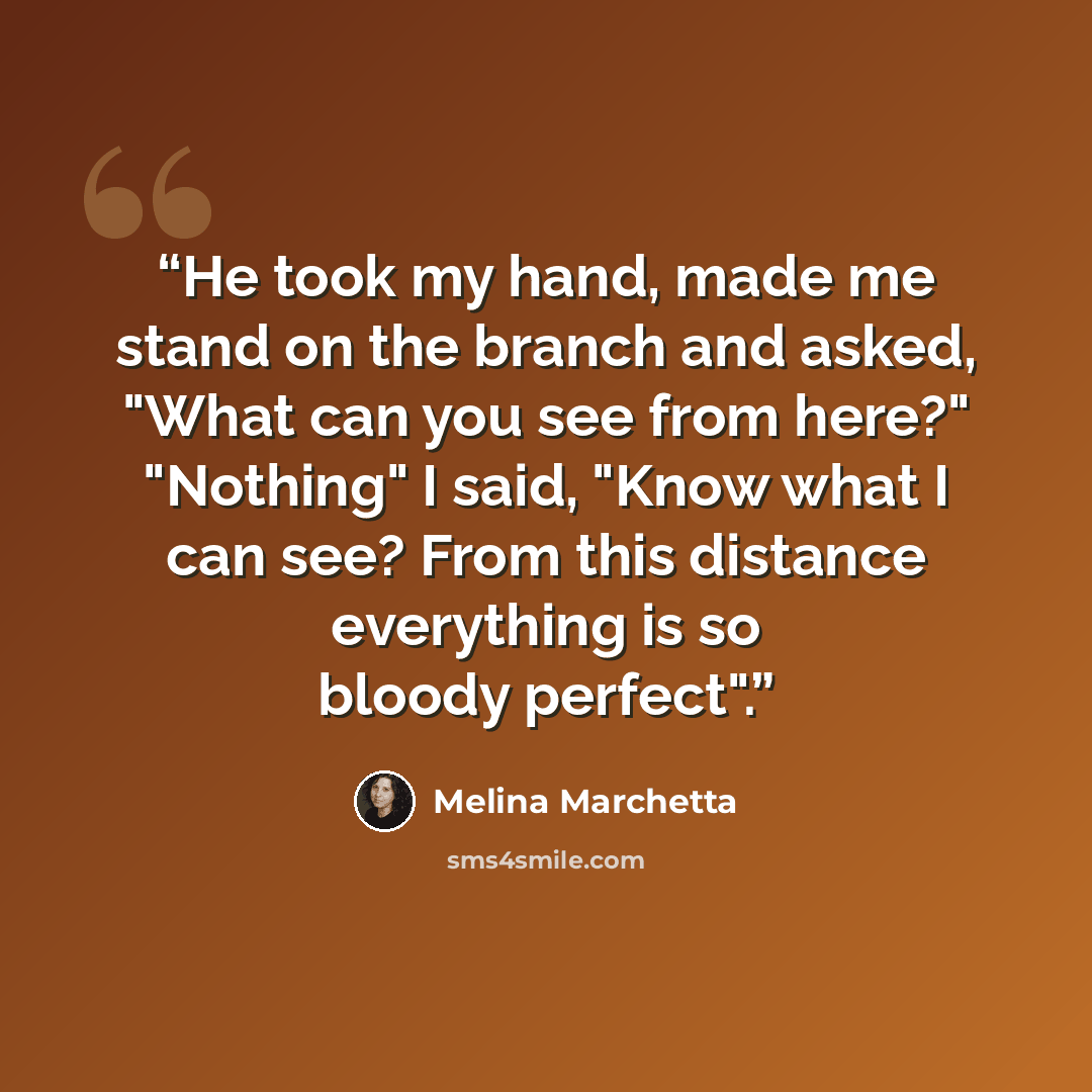 “He took my hand, made me stand on the branch and asked, "What can you see from here?" "Nothing" I said, "Know what I can see? From this distance everything is so bloody perfect".” quote by Melina Marchetta