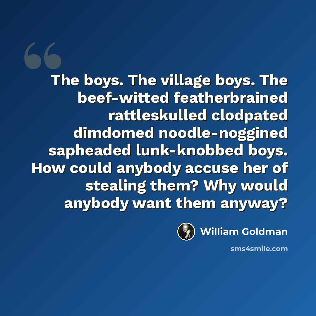 “The boys. The village boys. The beef-witted featherbrained rattleskulled clodpated dimdomed noodle-noggined sapheaded lunk-knobbed boys. How could anybody accuse her of stealing them? Why would anybody want them anyway?” quote by William Goldman