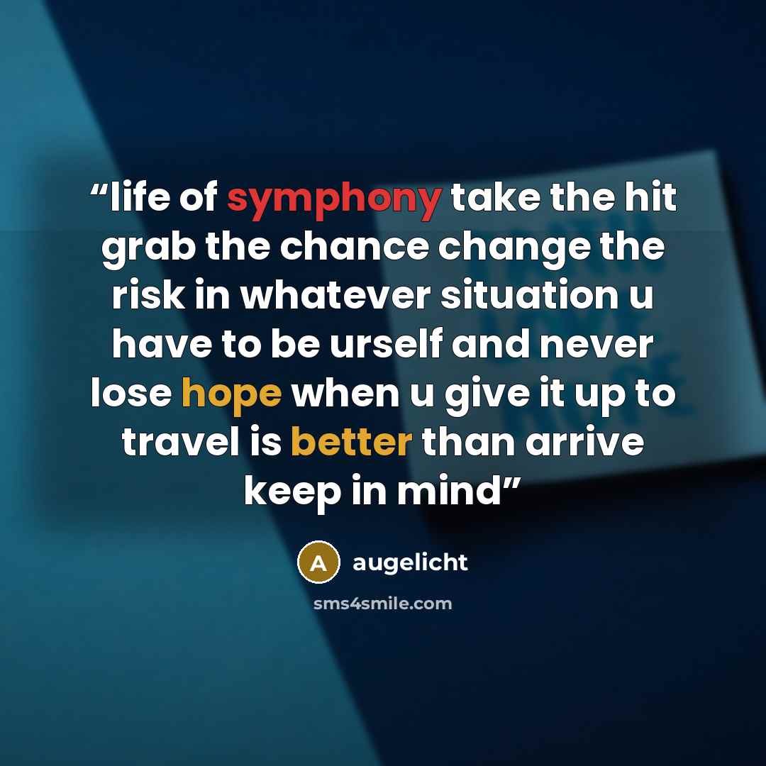 “life of symphony take the hit grab the chance change the risk in whatever situation u have to be urself and never lose hope when u give it up to travel is better than arrive keep in mind” quote by augelicht