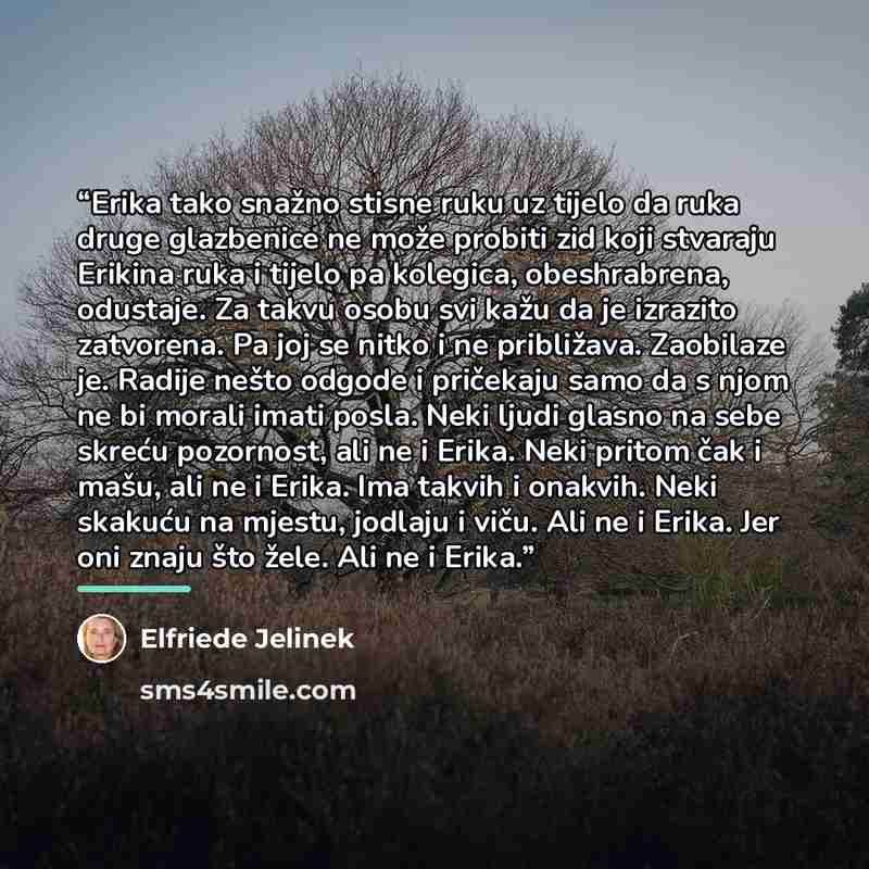 “Erika tako snažno stisne ruku uz tijelo da ruka druge glazbenice ne može probiti zid koji stvaraju Erikina ruka i tijelo pa kolegica, obeshrabrena, odustaje. Za takvu osobu svi kažu da je izrazito zatvorena. Pa joj se nitko i ne približava. Zaobilaze je. Radije nešto odgode i pričekaju samo da s…” quote by Elfriede Jelinek