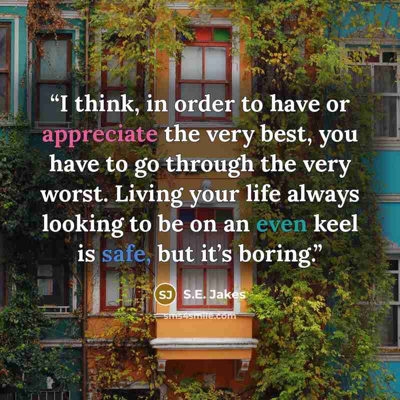 “I think, in order to have or appreciate the very best, you have to go through the very worst. Living your life always looking to be on an even keel is safe, but it’s boring.” quote by S.E. Jakes