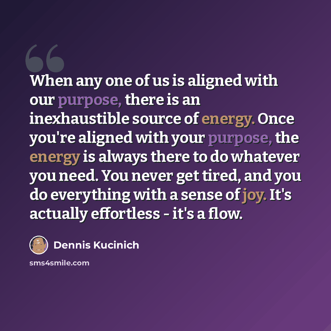 “When any one of us is aligned with our purpose, there is an inexhaustible source of energy. Once you're aligned with your purpose, the energy is always there to do whatever you need. You never get tired, and you do everything with a sense of joy. It's actually effortless - it's a flow.” quote by Dennis Kucinich