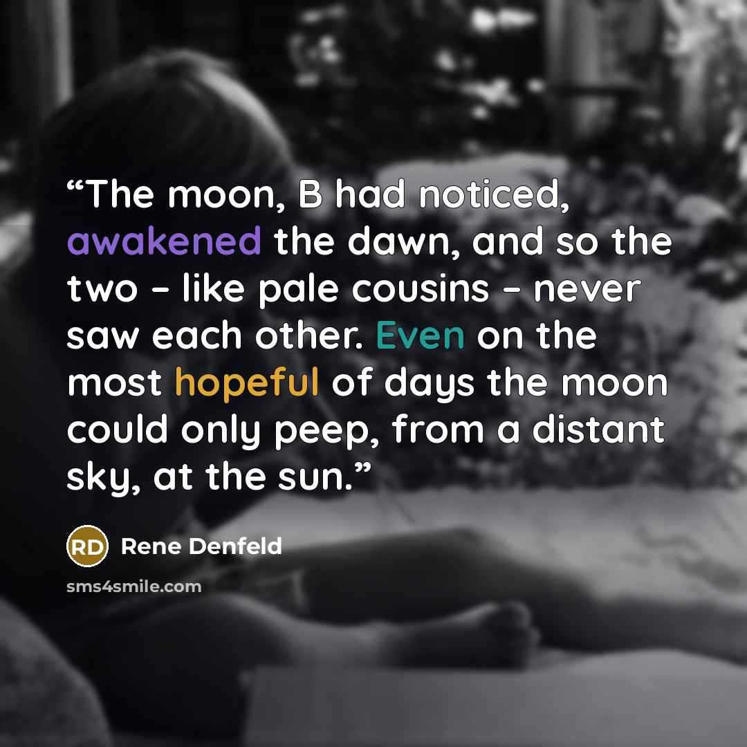“The moon, B had noticed, awakened the dawn, and so the two – like pale cousins – never saw each other. Even on the most hopeful of days the moon could only peep, from a distant sky, at the sun.” quote by Rene Denfeld