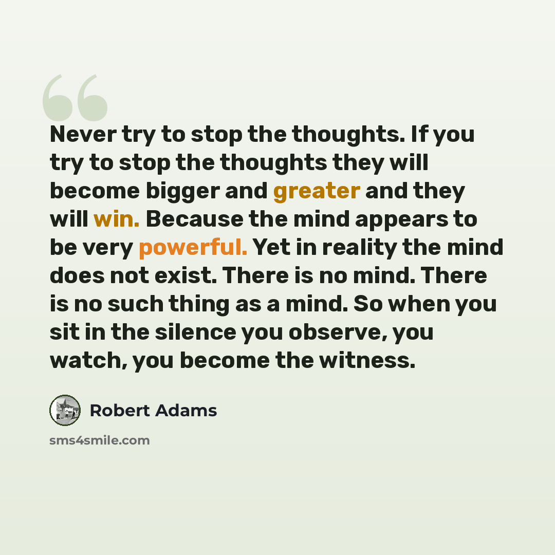 “Never try to stop the thoughts. If you try to stop the thoughts they will become bigger and greater and they will win. Because the mind appears to be very powerful. Yet in reality the mind does not exist. There is no mind. There is no such thing as a mind. So when you sit in the silence you…” quote by Robert Adams