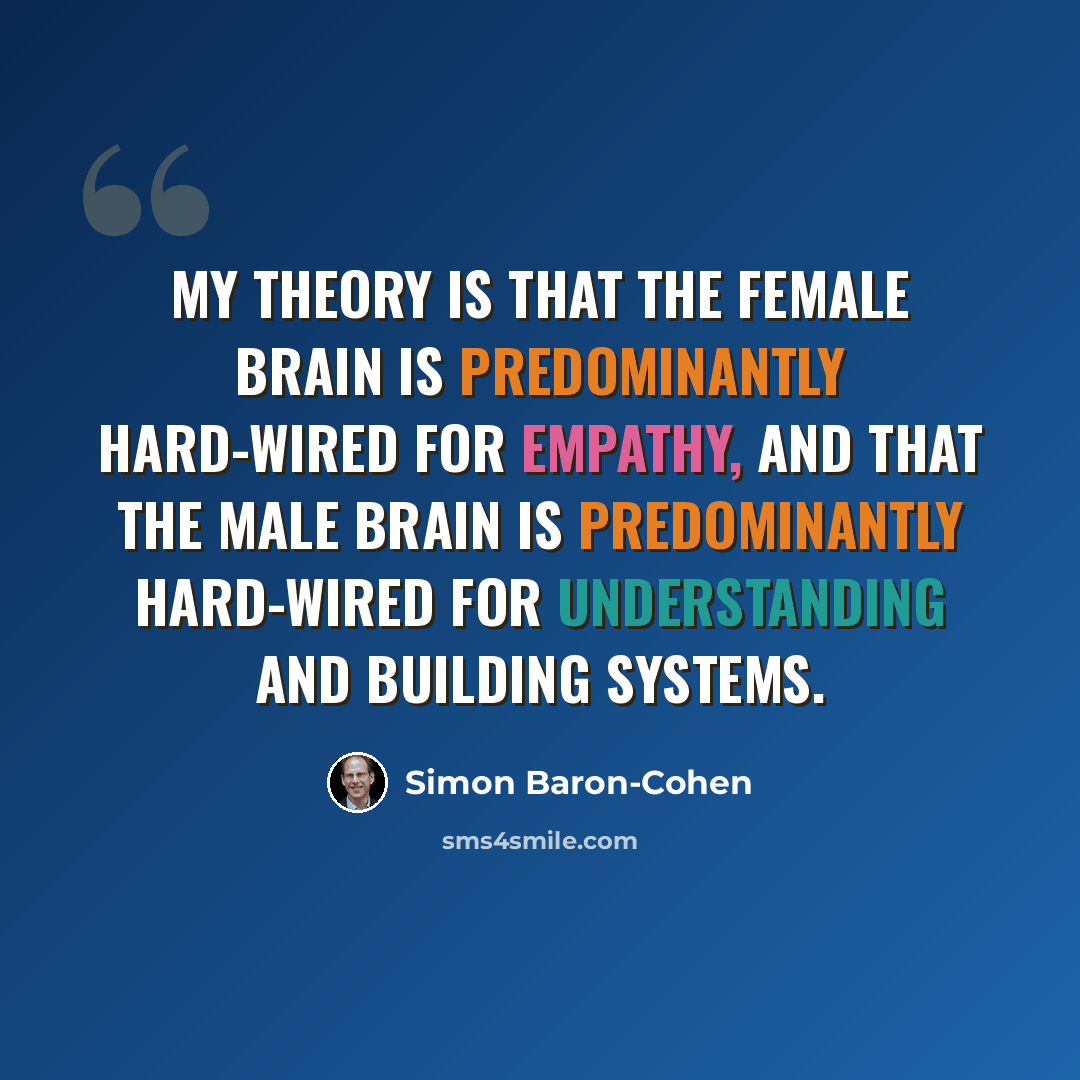 “My theory is that the female brain is predominantly hard-wired for empathy, and that the male brain is predominantly hard-wired for understanding and building systems.” quote by Simon Baron-Cohen