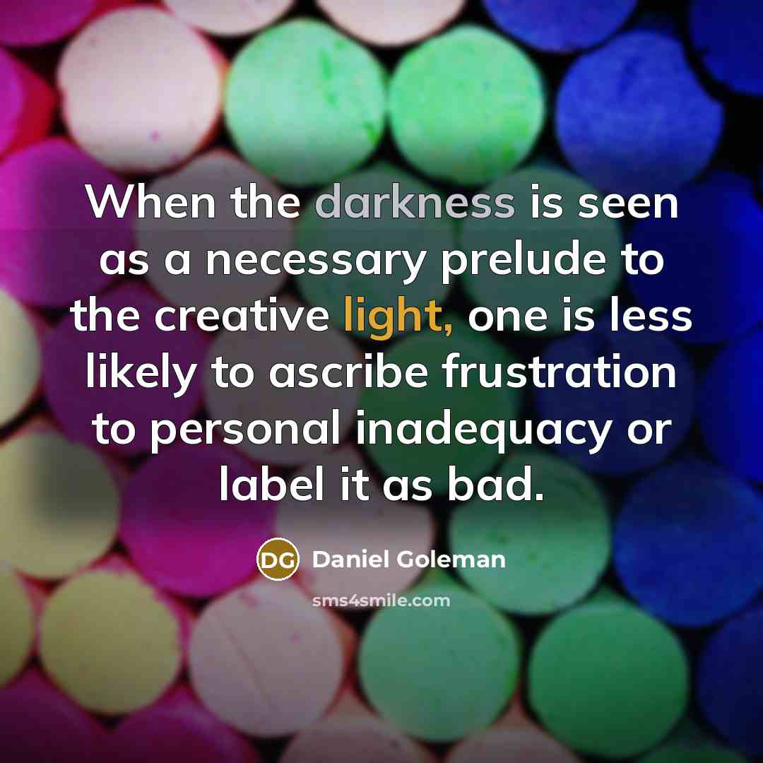 “When the darkness is seen as a necessary prelude to the creative light, one is less likely to ascribe frustration to personal inadequacy or label it as bad.” quote by Daniel Goleman