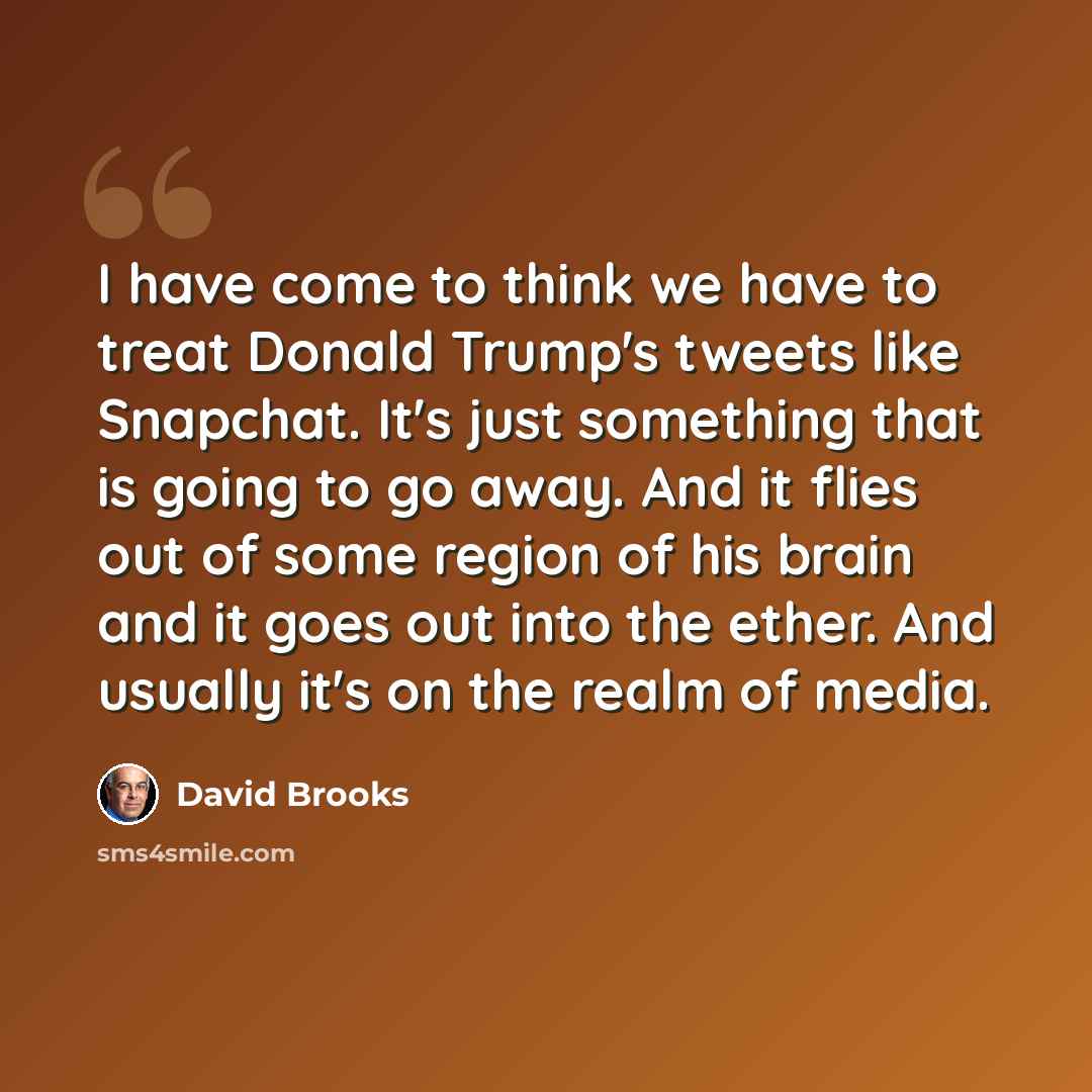 “I have come to think we have to treat Donald Trump's tweets like Snapchat. It's just something that is going to go away. And it flies out of some region of his brain and it goes out into the ether. And usually it's on the realm of media.” quote by David Brooks