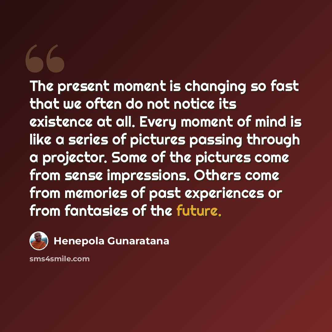 “The present moment is changing so fast that we often do not notice its existence at all. Every moment of mind is like a series of pictures passing through a projector. Some of the pictures come from sense impressions. Others come from memories of past experiences or from fantasies of the future.” quote by Henepola Gunaratana