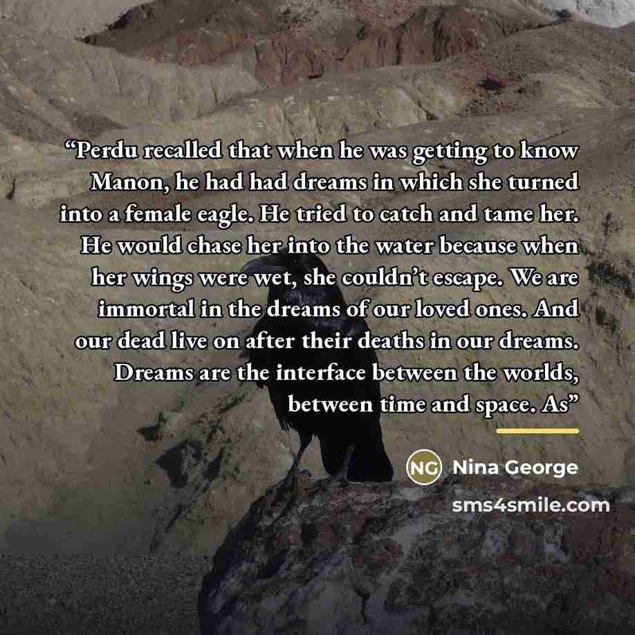 “Perdu recalled that when he was getting to know Manon, he had had dreams in which she turned into a female eagle. He tried to catch and tame her. He would chase her into the water because when her wings were wet, she couldn’t escape. We are immortal in the dreams of our loved ones. And our dead…” quote by Nina George