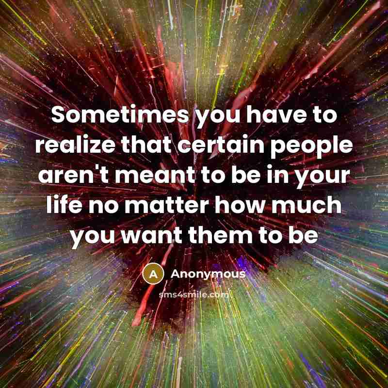 “Sometimes you have to realize that certain people aren't meant to be in your life no matter how much you want them to be” quote by Anonymous