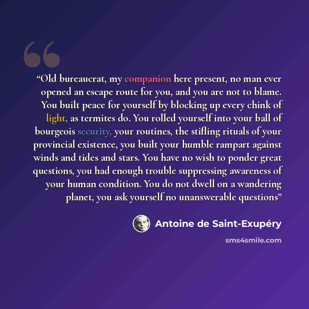 “Old bureaucrat, my companion here present, no man ever opened an escape route for you, and you are not to blame. You built peace for yourself by blocking up every chink of light, as termites do. You rolled yourself into your ball of bourgeois security, your routines, the stifling rituals of your…” quote by Antoine de Saint-Exupéry